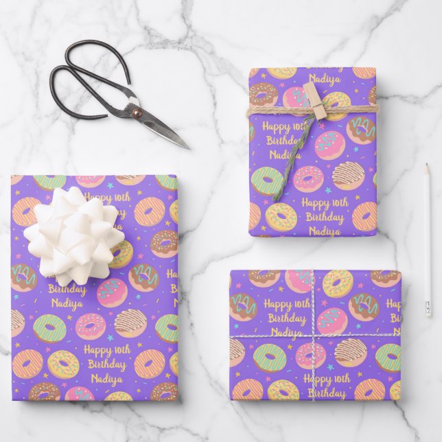 Doughnut Birthday Wrapping Paper Sheets - Purple P (Front)