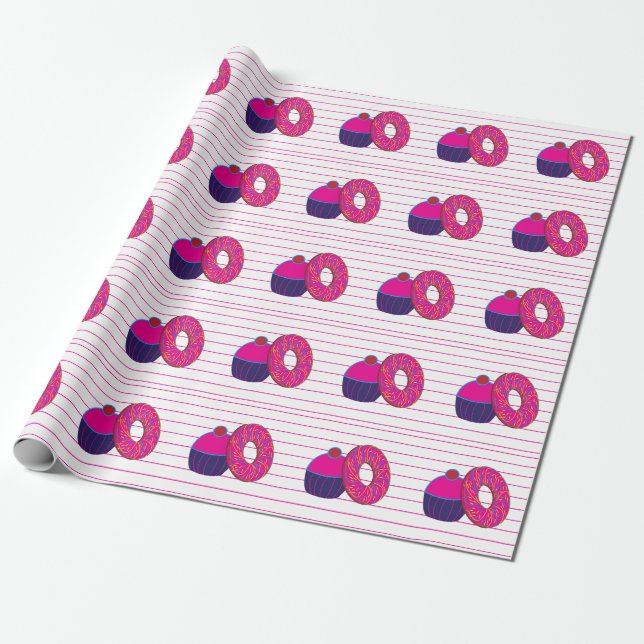 Doughnut Cupcake Pink Stripe Doughnut Cupcake Wrapping Paper (Unrolled)