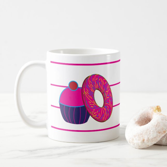 Doughnut Cupcake Pink Stripe Pattern Coffee Mug (With Donut)