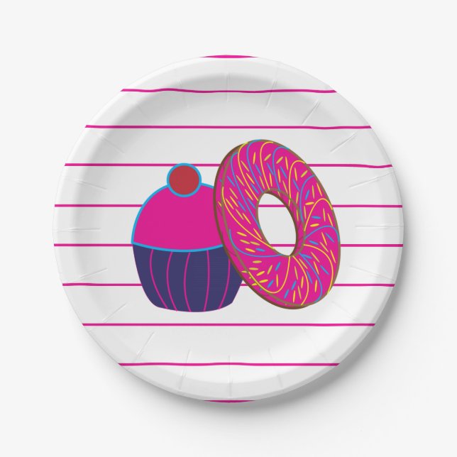 Doughnut Cupcake Pink Stripe Pattern Paper Plate (Front)
