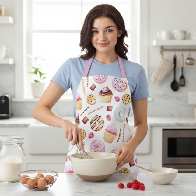 Doughnut Cupcake Watercolor Sweet Tasty Girly Patt Apron (Creator Uploaded)
