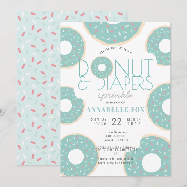 Doughnut & Diapers Sprinkle Mint Green Baby Shower Invitation (Front/Back)