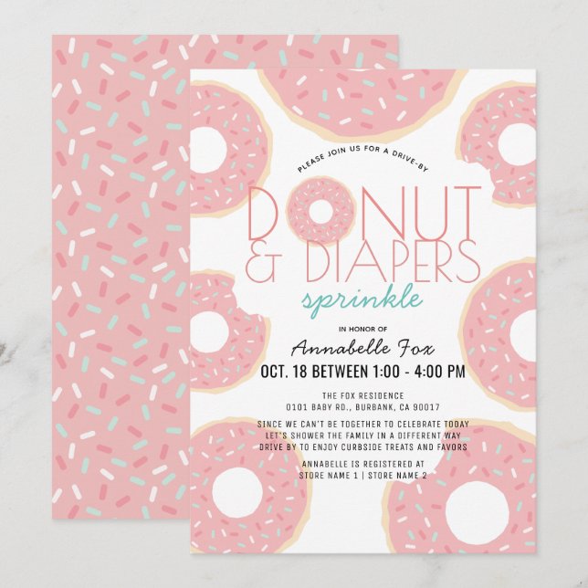 Doughnut & Diapers Sprinkle Pink Drive-by Baby Sho Invitation (Front/Back)