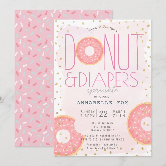 Doughnut & Diapers Sprinkle Pink Gold Baby Shower Invitation (Front/Back)