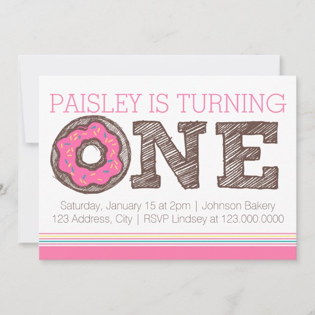 Doughnut First Birthday Invitation - Pink (Front)
