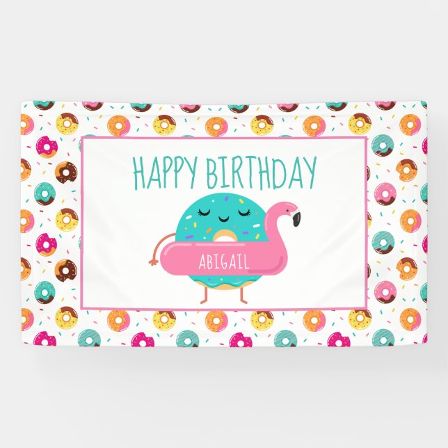 Doughnut Flamingo Birthday Pool Party Personalized Banner (Horizontal)