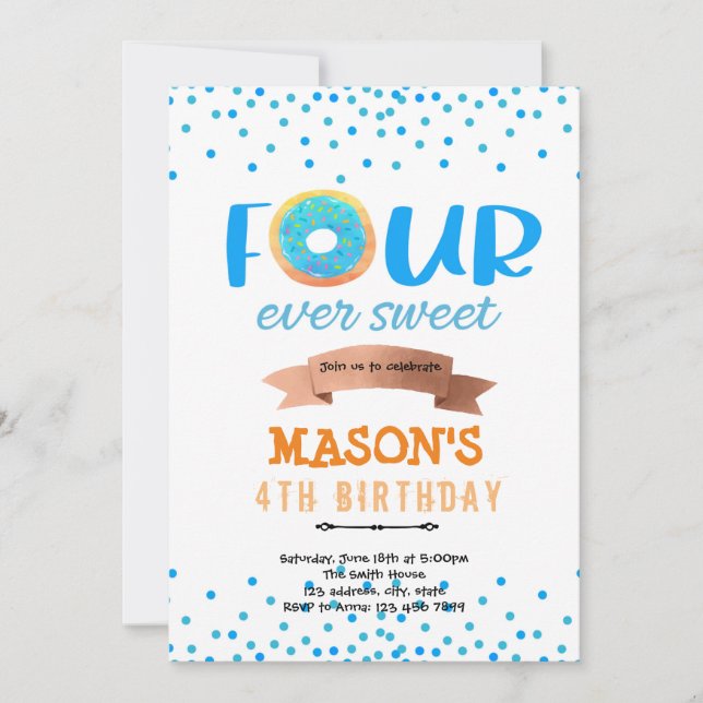 Doughnut FOURever sweet boy  party Invitation (Front)