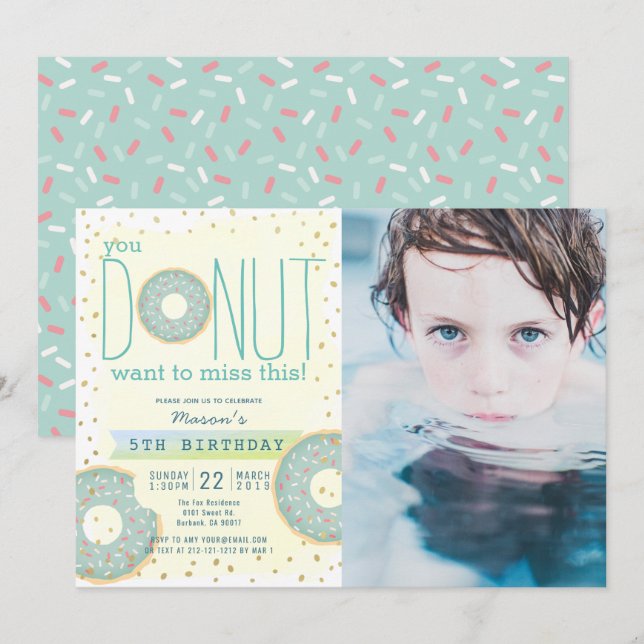 Doughnut Green x Gold Photo Boy Birthday Invitation (Front/Back)