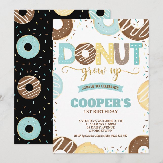 Doughnut Grow Up 1st Birthday Doughnut Party Boy Invitation (Front/Back)
