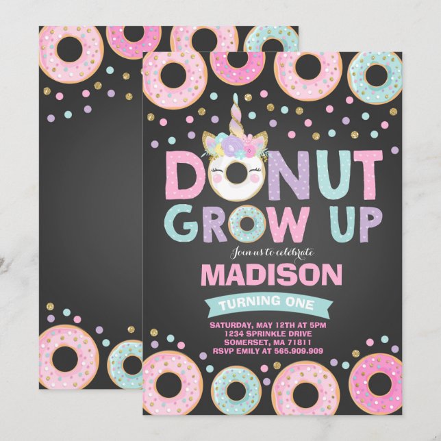 Doughnut Grow Up Birthday Invitation Doughnut & Un (Front/Back)