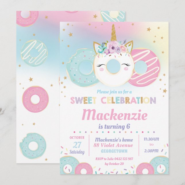 Doughnut Grow Up Birthday Party Unicorn Doughnut Invitation (Front/Back)