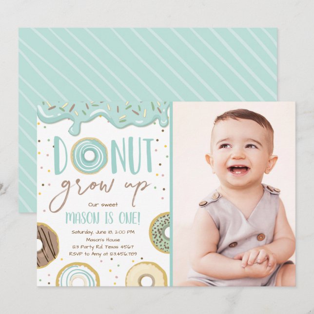Doughnut Grow Up Blue Boy Birthday Party Invitation (Front/Back)