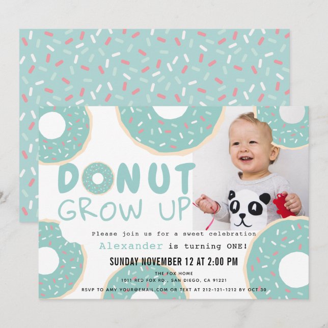 Doughnut Grow Up Blue Boy Photo 1st Birthday Invitation (Front/Back)