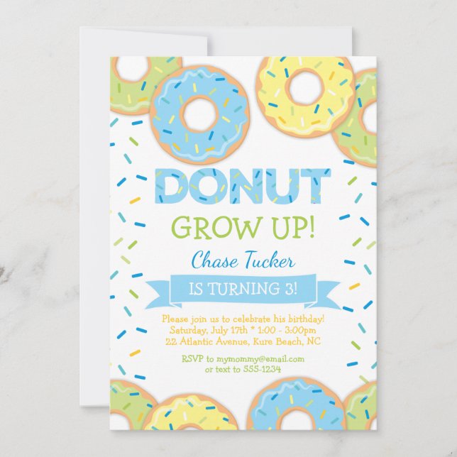Doughnut Grow Up Boy Birthday Invitation Blue (Front)