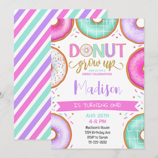 Doughnut Grow Up Colourful Birthday Invitation (Front/Back)