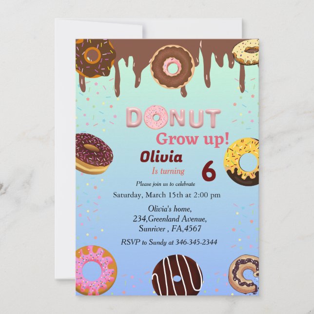 Doughnut grow up, doughnut girl birthday party the invitation (Front)