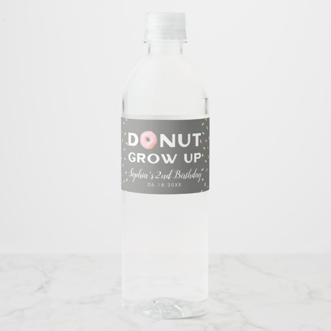 Doughnut Grow Up Girl Birthday Party Water Bottle Label (Front)