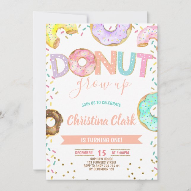 Doughnut Grow Up Girl Sprinkles Confetti Birthday Invitation (Front)