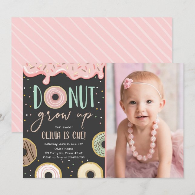 Doughnut Grow Up Pink Doughnut Girl Birthday Party Invitation (Front/Back)