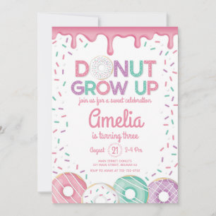 Doughnut Grow Up Pink Girl Birthday Invitation