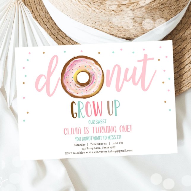 Doughnut Grow Up Sweet One Girl Birthday Invitatio Invitation (Creator Uploaded)