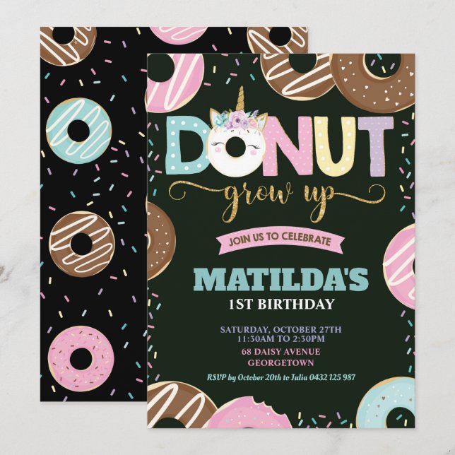 Doughnut Grow Up Unicorn 1st Birthday Doughnut Invitation (Front/Back)