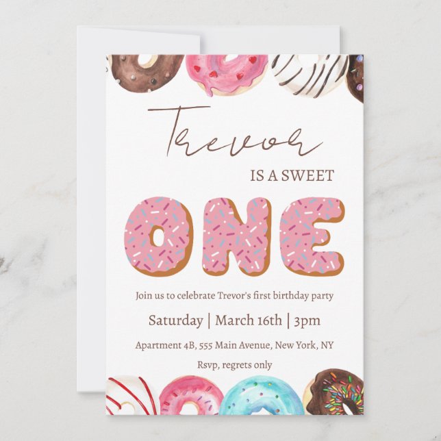 Doughnut illustration sweet one birthday invitation (Front)