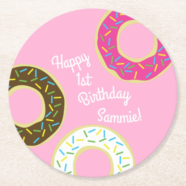 Doughnut Kid's Birthday Party Cute Round Paper Coaster (Front)
