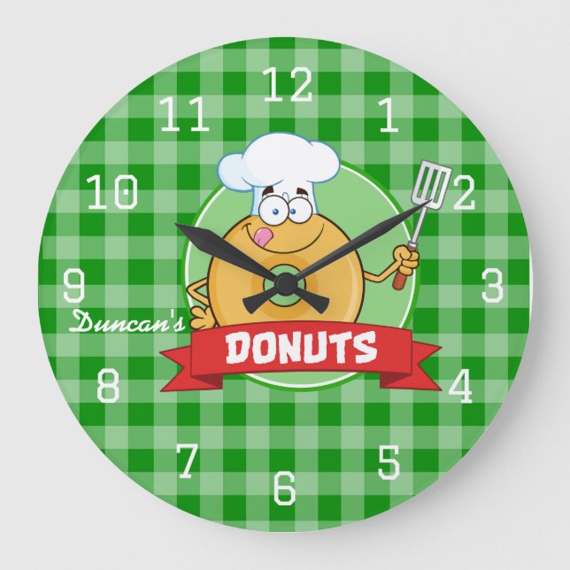 Doughnut Kitchen Chef Green Gingham Large Clock (Front)
