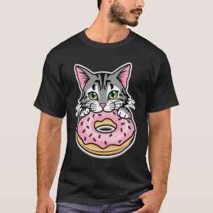 Doughnut-Loving Cat Cartoon Design T-Shirt