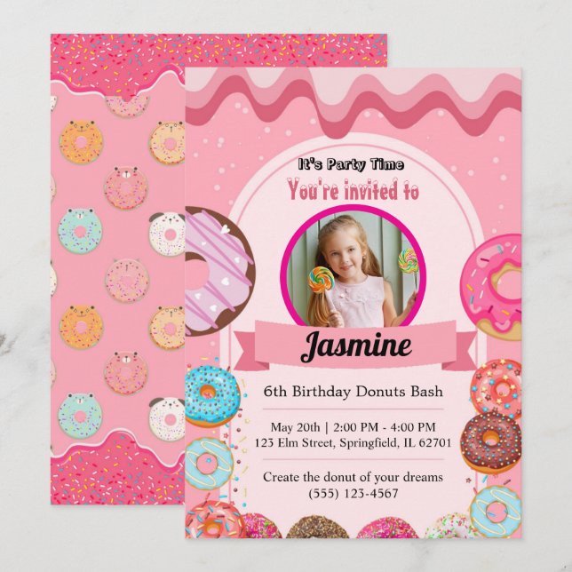 Doughnut Pattern 6th Birthday Party Invitation (Front/Back)