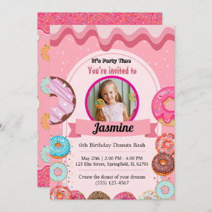Doughnut Pattern 6th Birthday Party Invitation