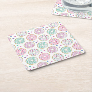 Doughnut Pattern Cute Colourful Square Paper Coaster