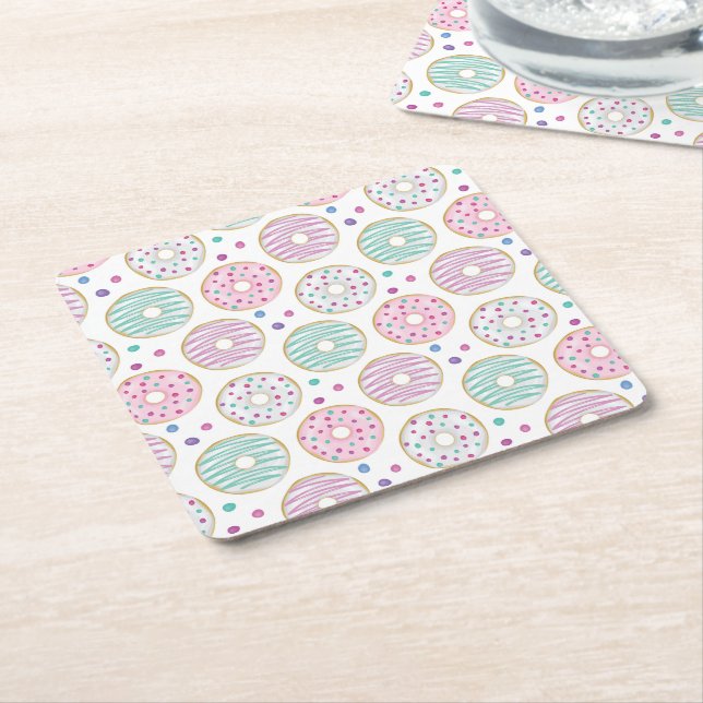 Doughnut Pattern Cute Colourful Square Paper Coaster (Angled)