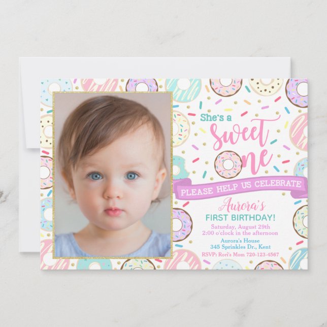 Doughnut Photo Birthday Invitation Sweet One Party (Front)