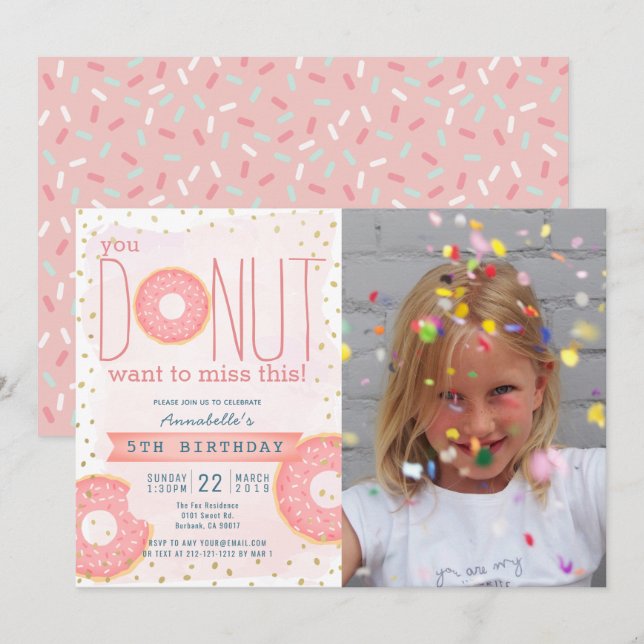 Doughnut Pink x Gold Photo Girl Birthday Invitation (Front/Back)