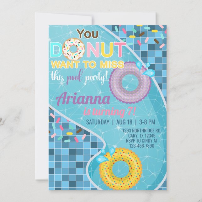 Doughnut pool girl birthday invitation, pool invit invitation (Front)