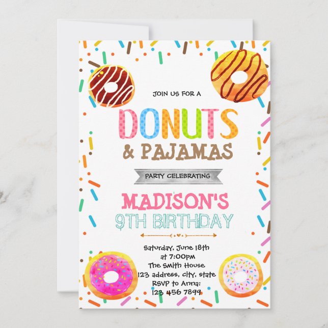 Doughnut pyjamas party invitation (Front)