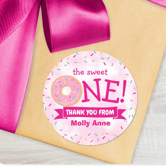 Doughnut Rainbow Sprinkles 1st Birthday Thank You Classic Round Sticker (Creator Uploaded)