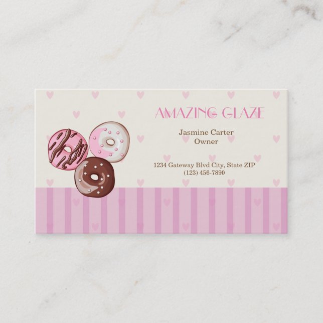 Doughnut Shop Business Card Cute Pink Hearts (Front)
