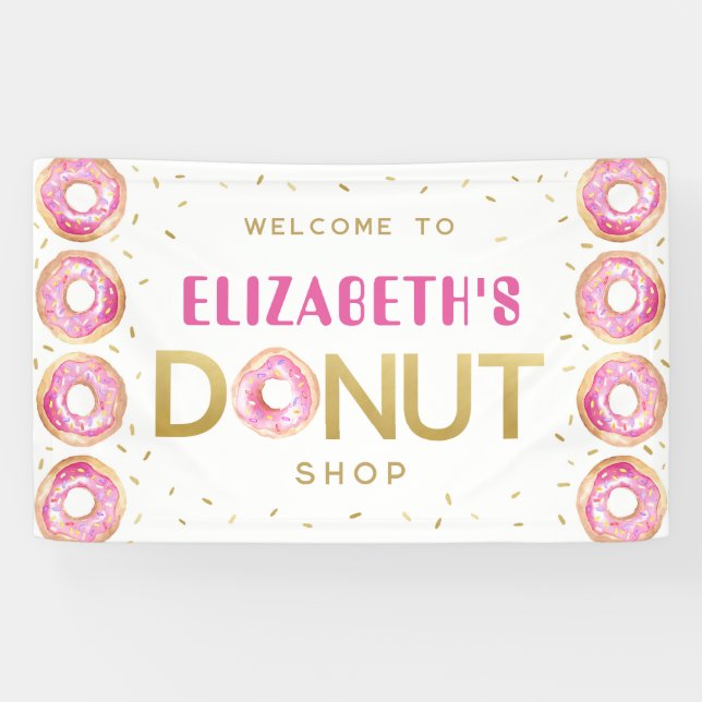 Doughnut Shop Pink Gold Birthday Party Sign (Horizontal)