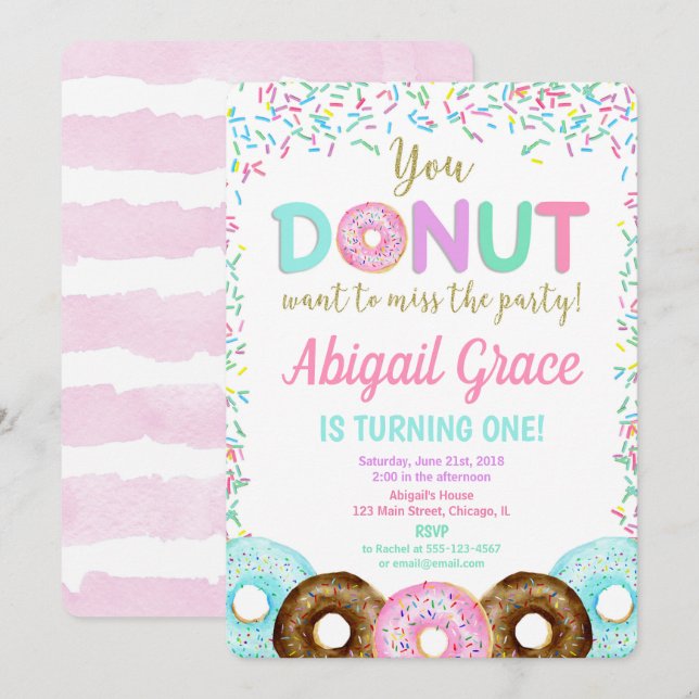 Doughnut sprinkles birthday party invitation girl (Front/Back)
