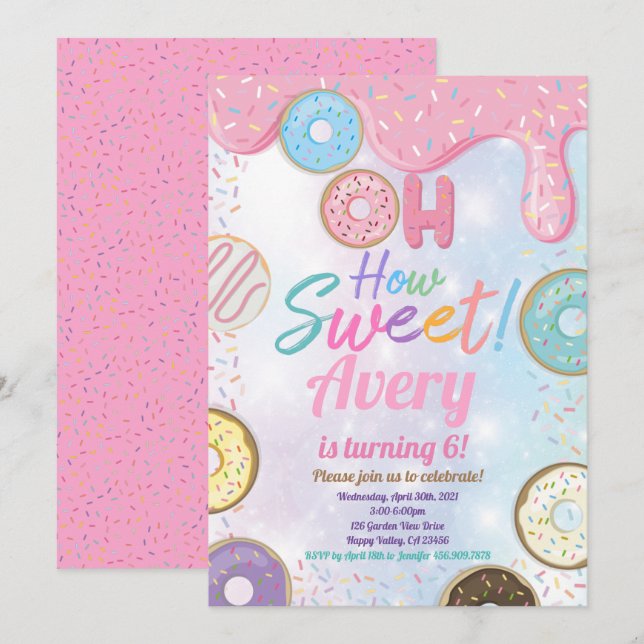 Doughnut Sweet Birthday Party Pink Pastel Girl  Invitation (Front/Back)