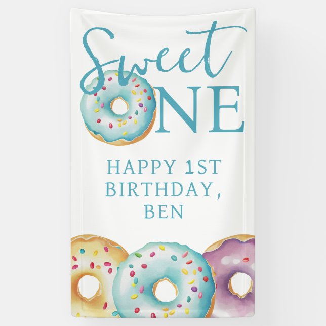 Doughnut Sweet One Blue 1st Birthday Party Banner (Vertical)