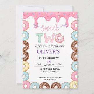 Doughnut Sweet Two 2nd Birthday Party Invitation