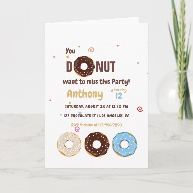 Doughnut themed Kids Birthday Party Invitation (Front)