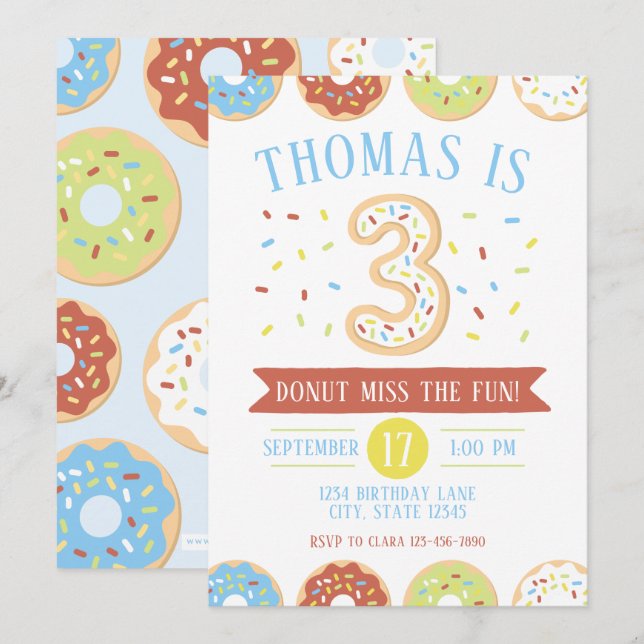Doughnut Third Birthday Invitation (Front/Back)
