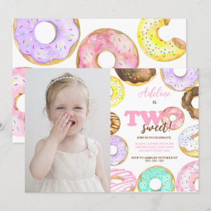 Doughnut Two Sweet 2nd Birthday Girl Cute Party Invitation
