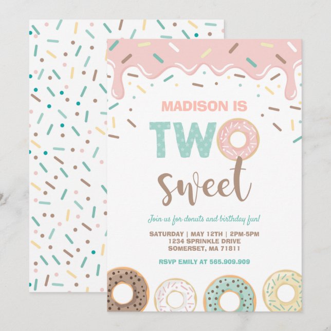 Doughnut Two Sweet Birthday Invite Doughnut Party  (Front/Back)