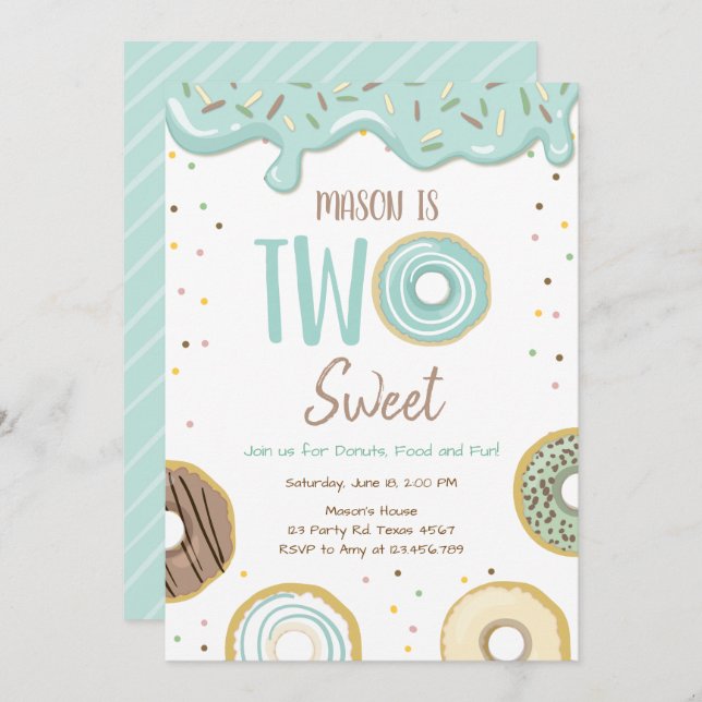 Doughnut Two Sweet Blue Pastel Second Birthday Par Invitation (Front/Back)